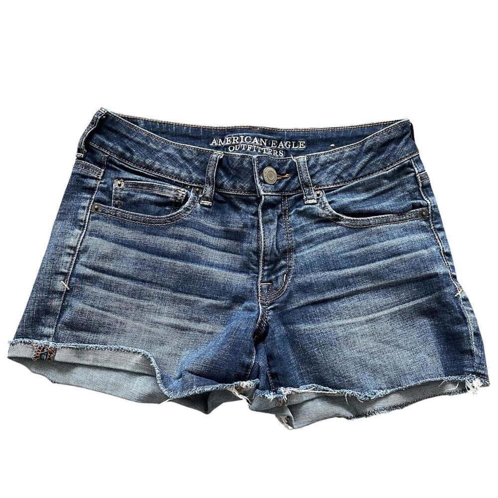 American Eagle Shortie Shorts Sz 6 Stretch Whisker Frayed Hem Dark Wash Summer